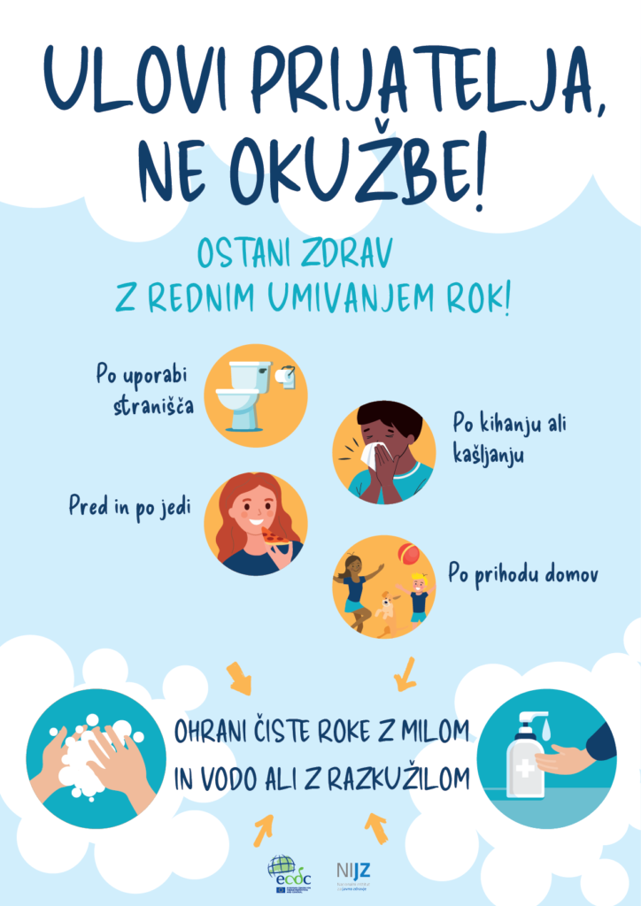 ulovi prijatelja, ne okužbe, ostani zdrav z rednim umivanjem rok, plakat
