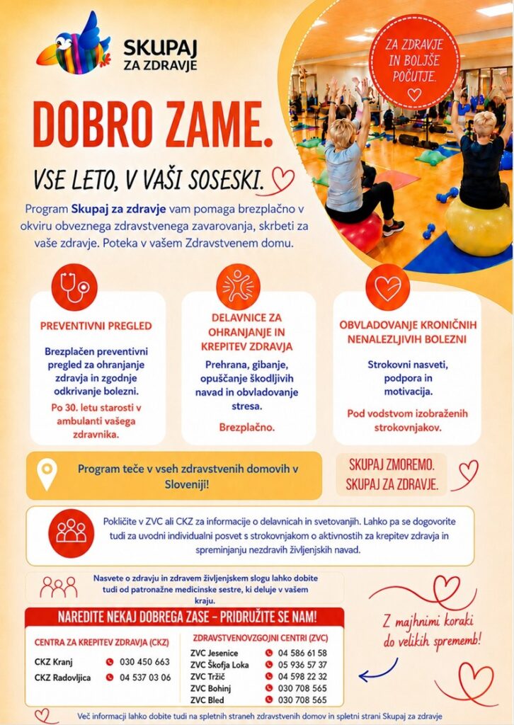 Plakat skupaj za zdravje, vse leto v vaši sosedi, dobro zame. program vabi na preventivni pregled, delavnice, obvladovanje kroničnih bolezni